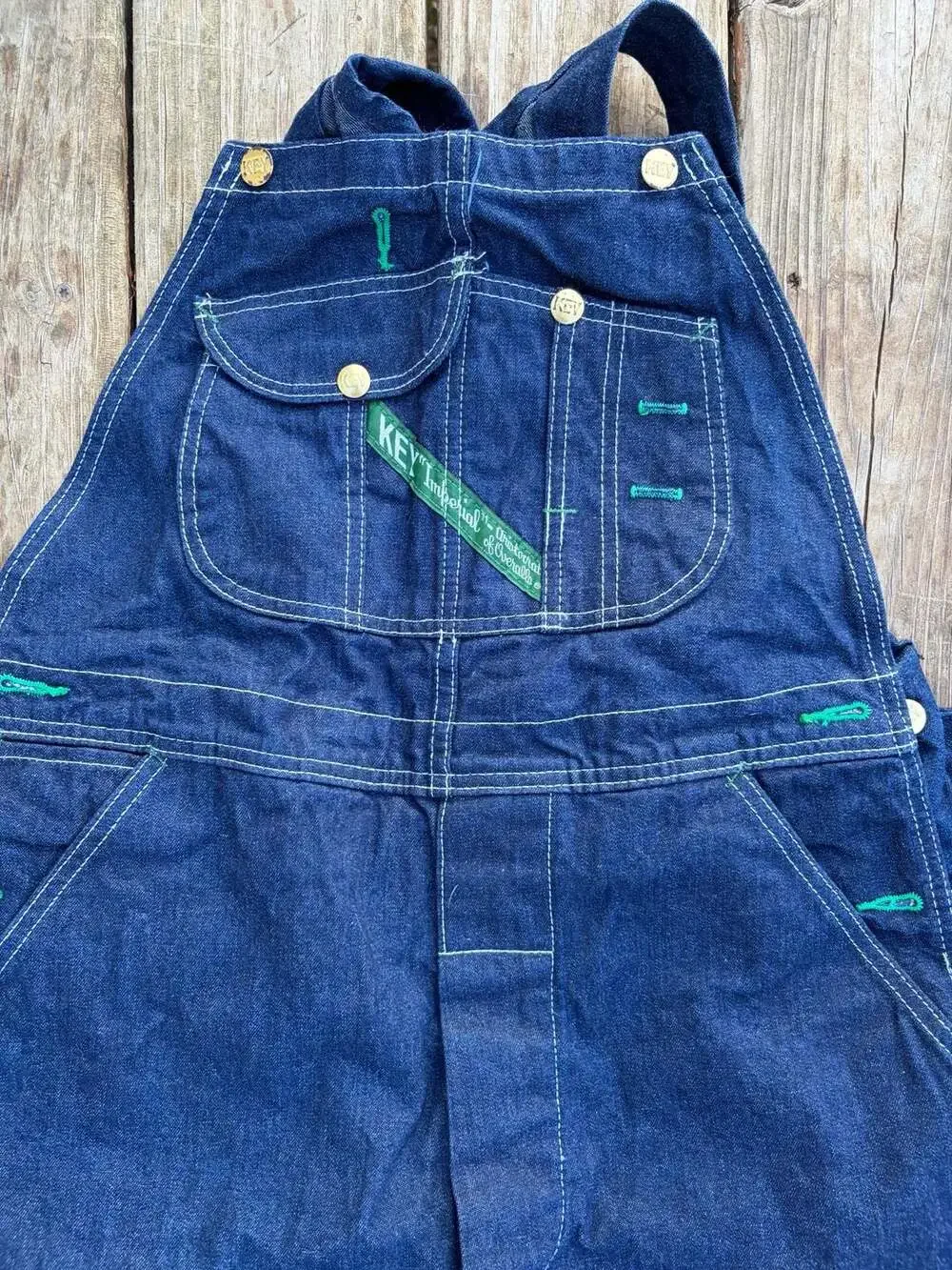 Vtg Key Imperial Blue Denim Farm Bib Overalls Chore Garden USA 36x30 Pockets